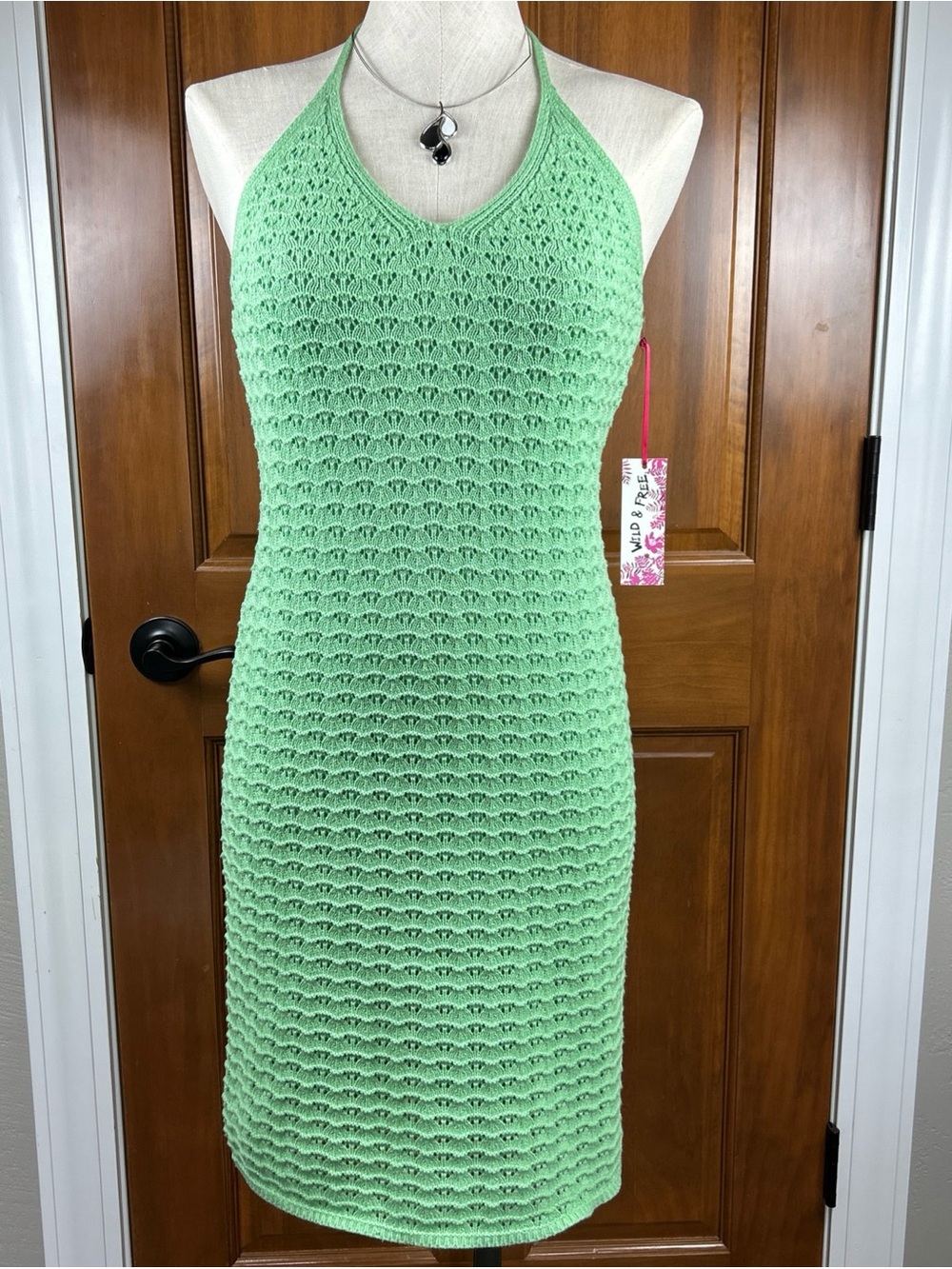 Wild & Free Jr Medium Knit Halter Dress V-Neck Open Back Crochet Boho Beach
